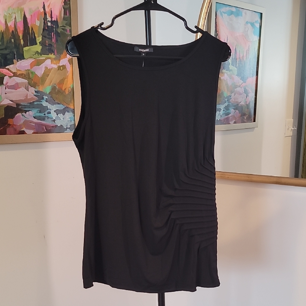 NWT PREMISE Black Ruched Sleeveless Top Size XL